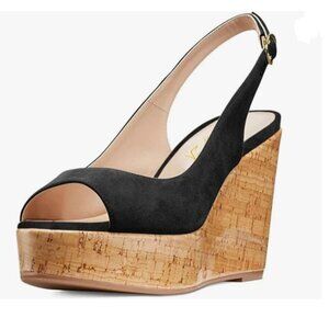 FOWT Black Peep Toe Slingback Platform Wedge High Heel Buckle Cork Sole Sandals